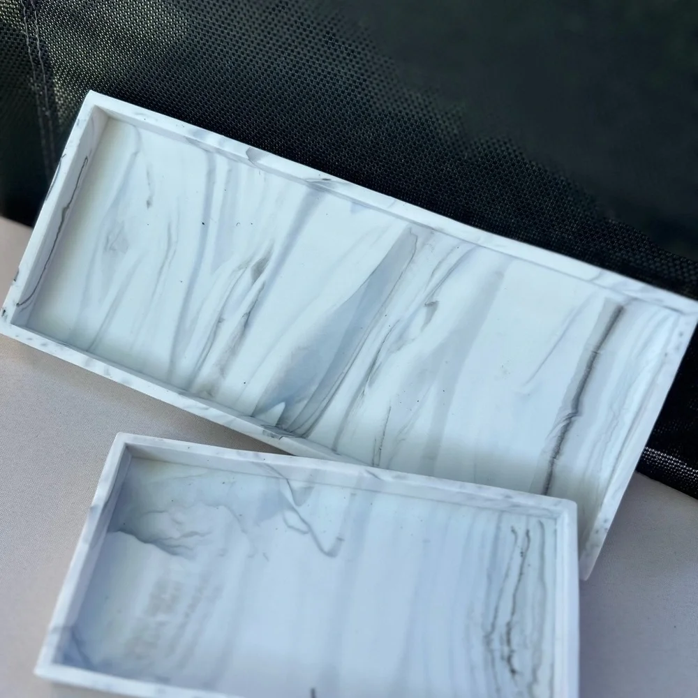 Tray Silicone Soap Dish Set, 2 Pcs White Marble Pattern, Rectangular Design with